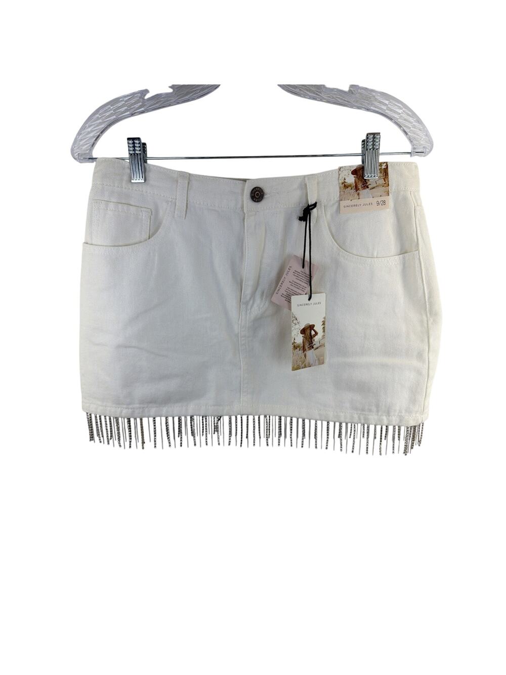 Mini Skirt Denim Jean Rhinestone Fringe Sz 9 28 White Ivory NWT Sincerely Jules